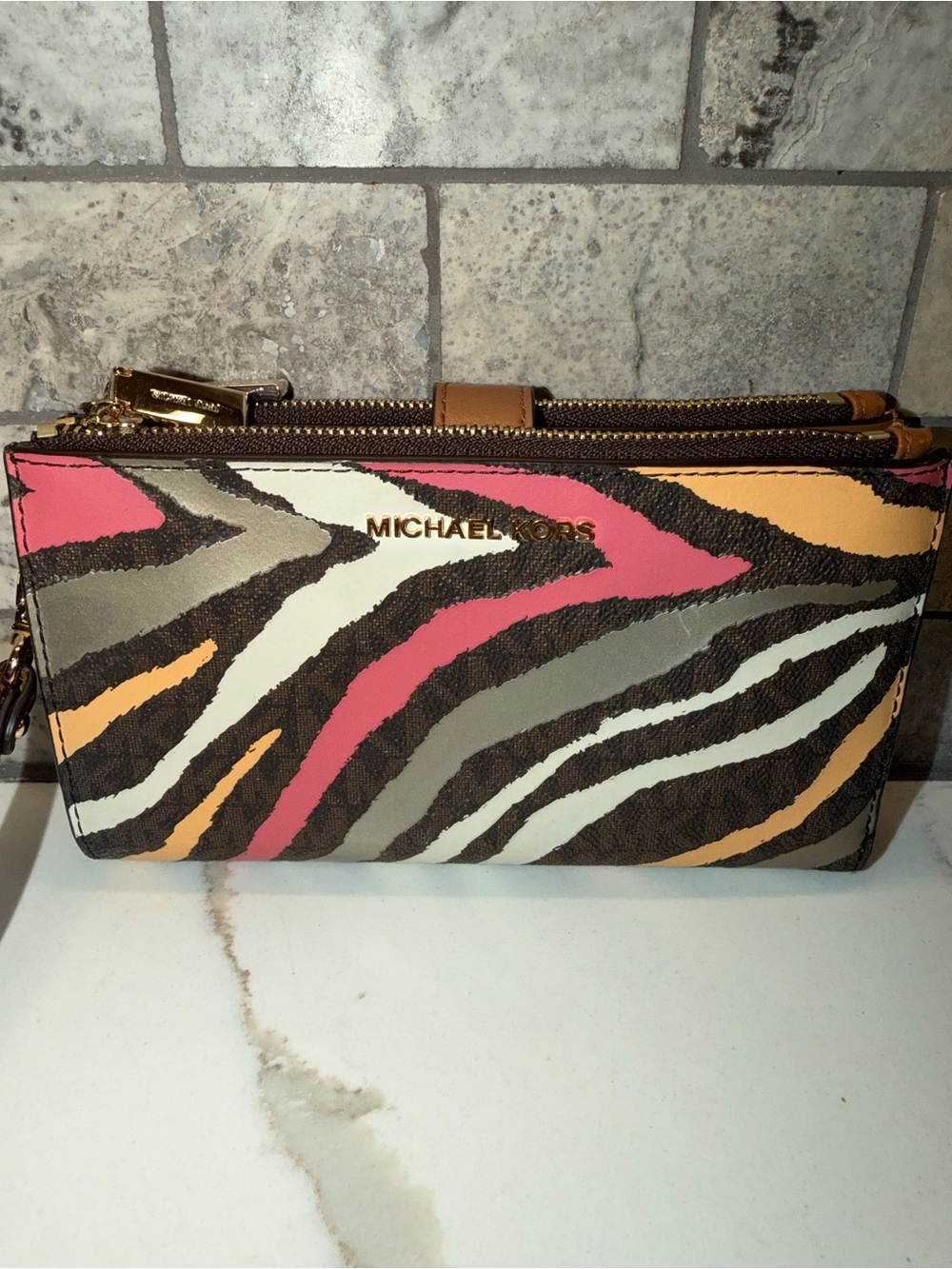 Michael Kors Jetset Double Zip Multicolored Zebra Stripe Clutch/Wristlet